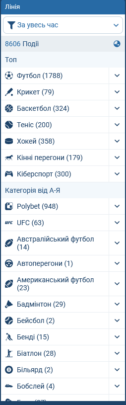 Меню видів спорту в 1xBet: дисципліни, ліги та фільтри для пошуку потрібної події